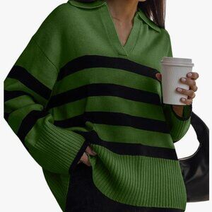 Striped Oversized Sweaters Collared Knit Pullover Tunic Long Sleeve S NWOT